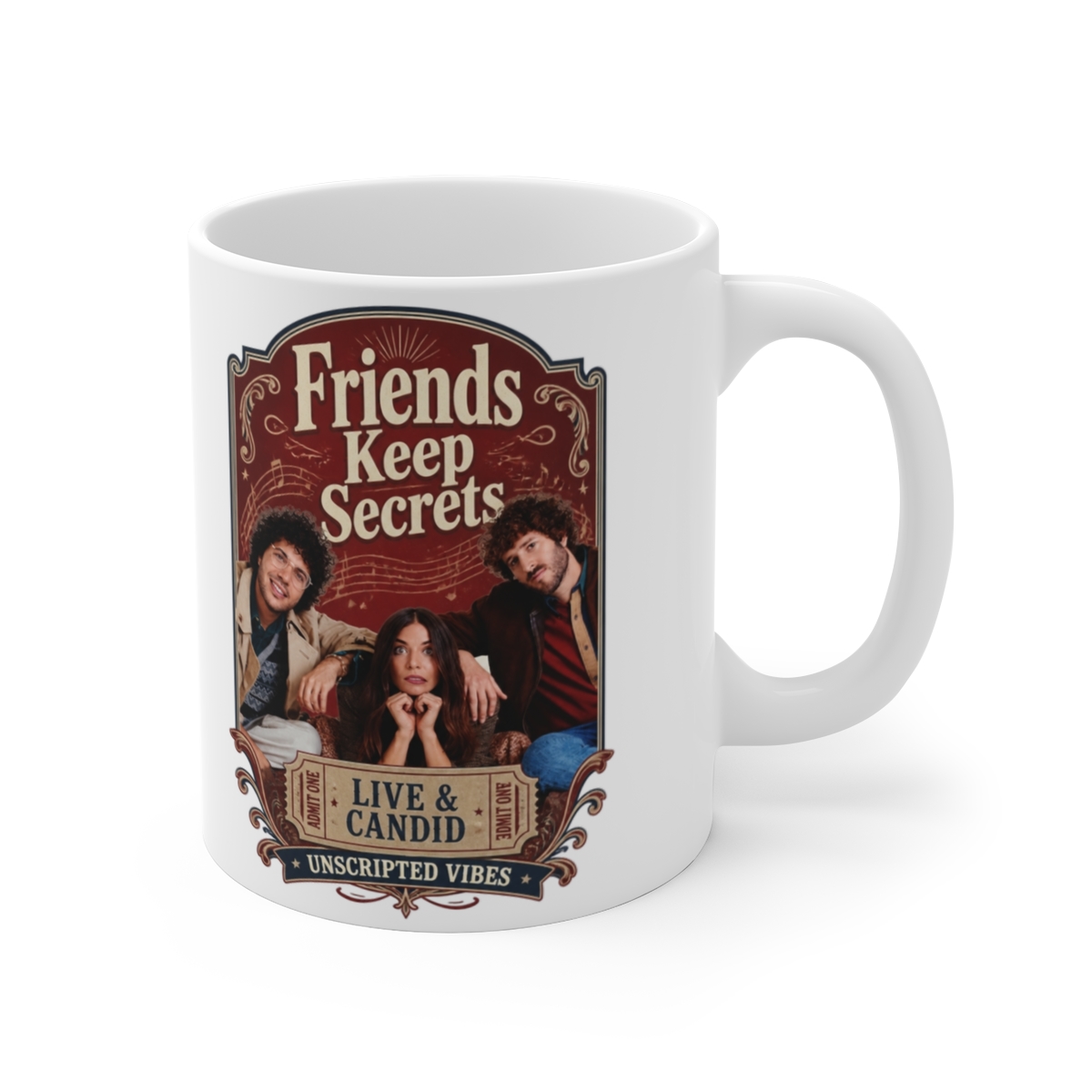 Friends Keep Secrets "Live & Candid." White Mug